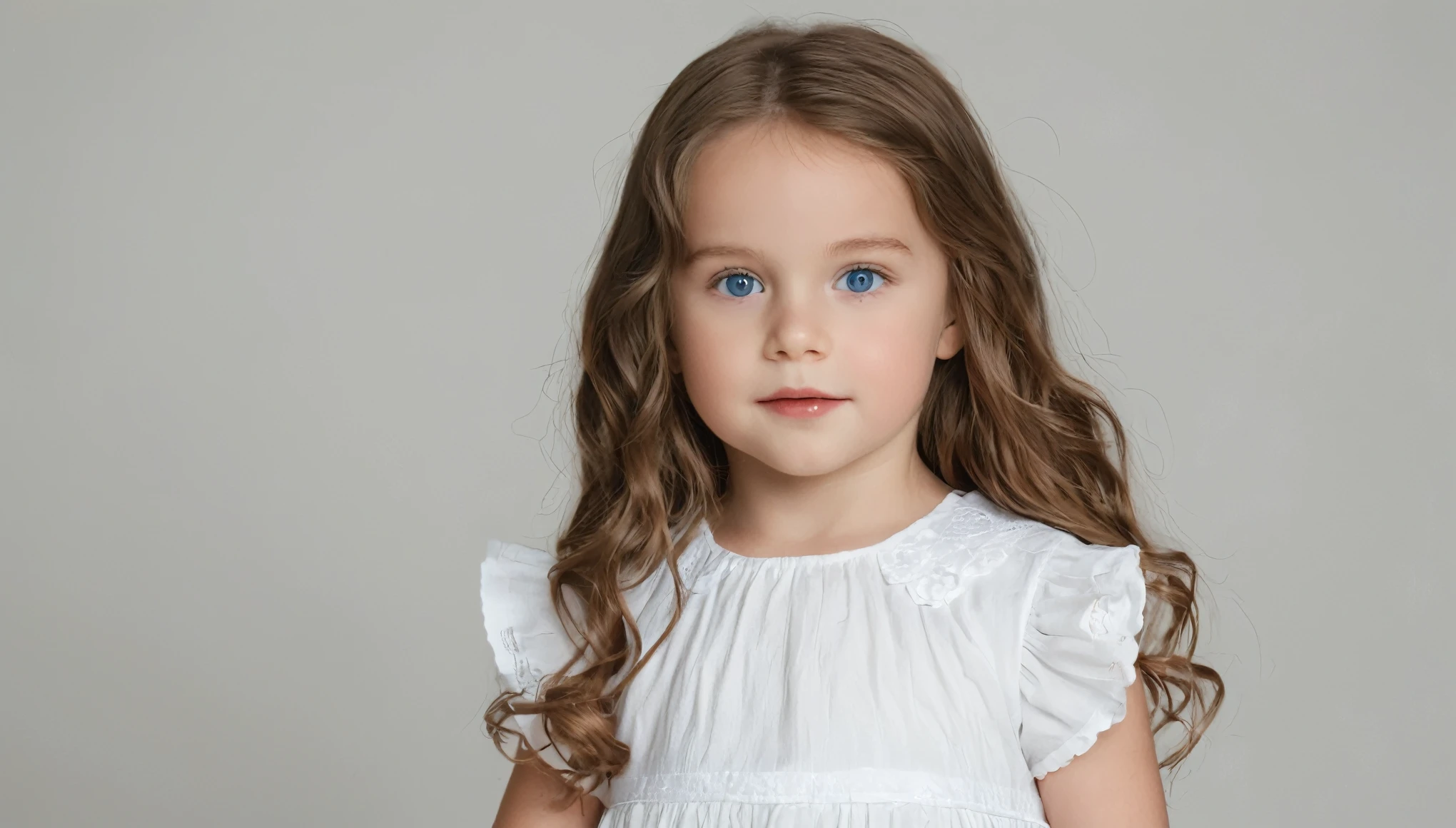 A close up of a little girl with a white dress and blue eyes - SeaArt AI