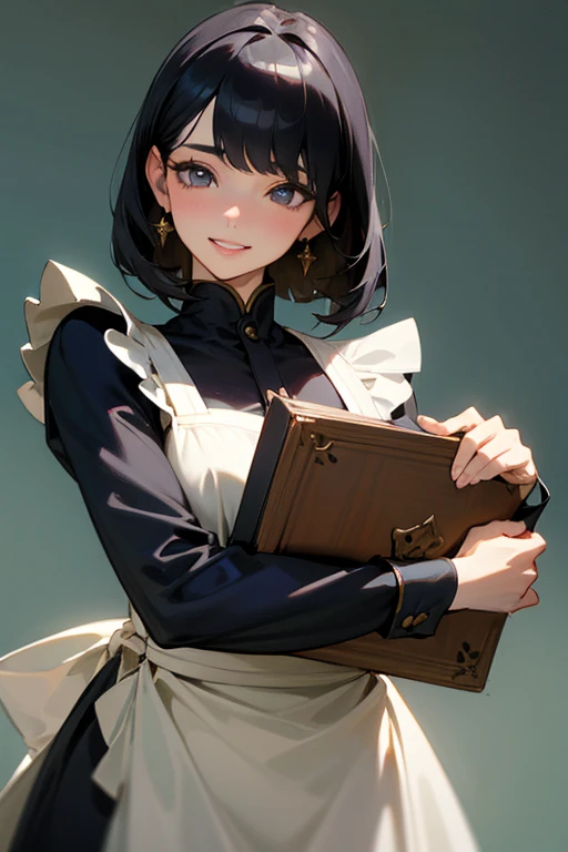 (Highest Resolution, clear_image) Highest quality, single, One woman, alone, masterpiece, Very detailed, Semi-realistic, Black Hairのショートヘア, Black Hair, bangs, 18-year-old, mature, Light blue , Indoor Background, kind, Authoritative, Powerful, exquisite features, exquisite features、Eyelashes become longer、Showing teeth、smile😀、Maid clothes、woman'Fingers in the、Sleeping on the sofa、Long Hair、Fluttering in the wind、