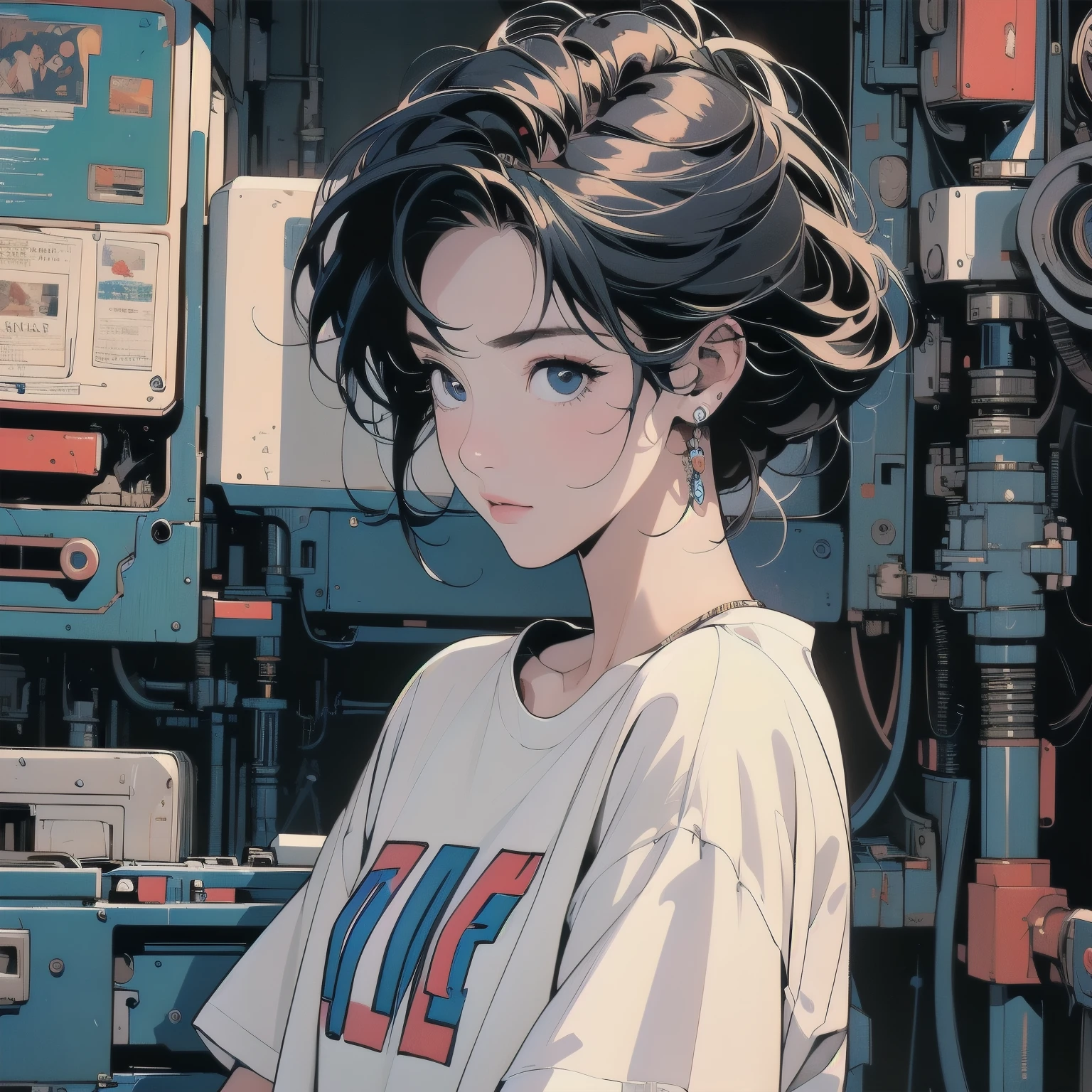 (((masterpiece, Highest quality)))、(((32K Wallpapers)))、The most detailed machine、(((The most complete and detailed colorfull futuristic machine and a woman)))、The most detailed background、(((Flat Chest)))、(((Surrounded by many complex, sophisticated, futuristic machines)))、head shot,((((more various angle))))、((Overall colorfully))、A perfect machine、(((Perfect Face)))、(((The most complete machine of the future)))、Detailed Hair、Trigun、Short sleeve white T-shirt