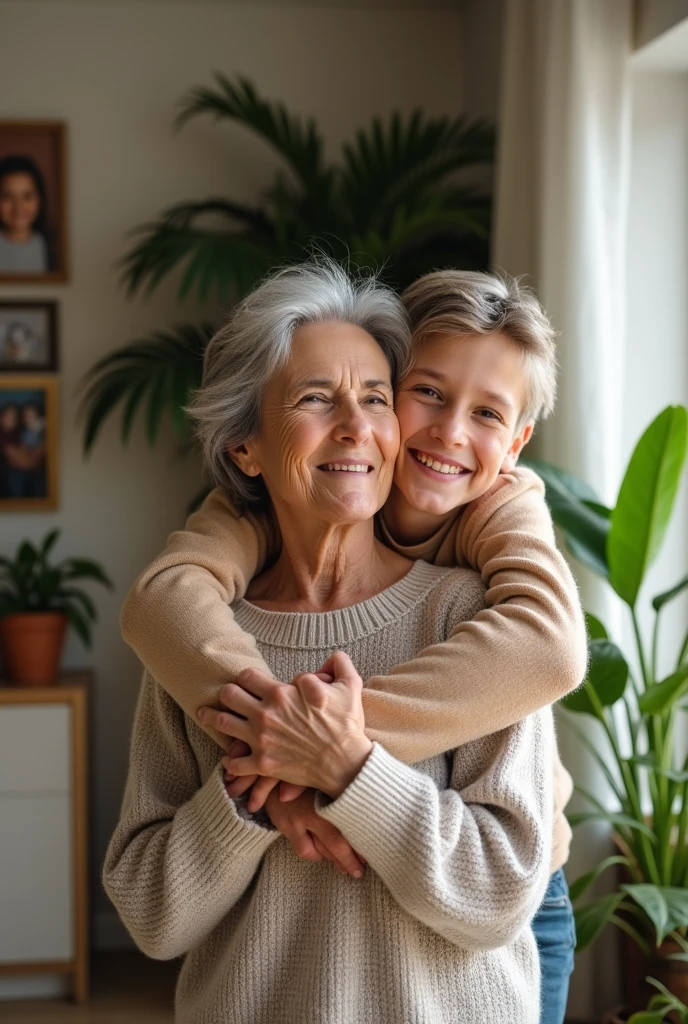 Son hugging his 48 year old Mother From behind 