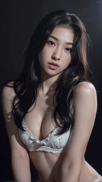 highest quality, epic realistic, ((in the pitch black darkness :1.4)), (()),(background: dark ) high contrast ,glorious picture, lowest lux, lighting face, she's comfortable, wearing white lingerie, looks incredible, (8k, Raw photo, Highest quality),(epic realistic:1.5), a woman, face,(detailed eyes:0.8),(looking at the camera:1.4), (Highest quality), ( high contrast, deep shadows),Intricate details,cinematic,((skin:1.4)), (long dark hair:1.3), long hair, messy ,(Hdr:1.5),Detailed, colors, Superior quality, Masterpiece, Raw Photo (20-year-old, looking at viewer), beautiful, (wearing underwear,), perfect, natural, perfect composition, portrait, perfect face, smiling expression, Captivating eyes, Bright details, Tight lips, (High Skin Detail),, (blue tint: 0.6), (sale: 0.8), (bloody: 0.7), Key lighting , (backlight: 0.5), Medium depth of field, Canon 5d, 50mm lens, f/4 apertures, (Ultra-detailed, Complex detail), sharp focus, soft colors, 8k, Absurd, 80mm, dark background, photography, smiling, small round breasts ,