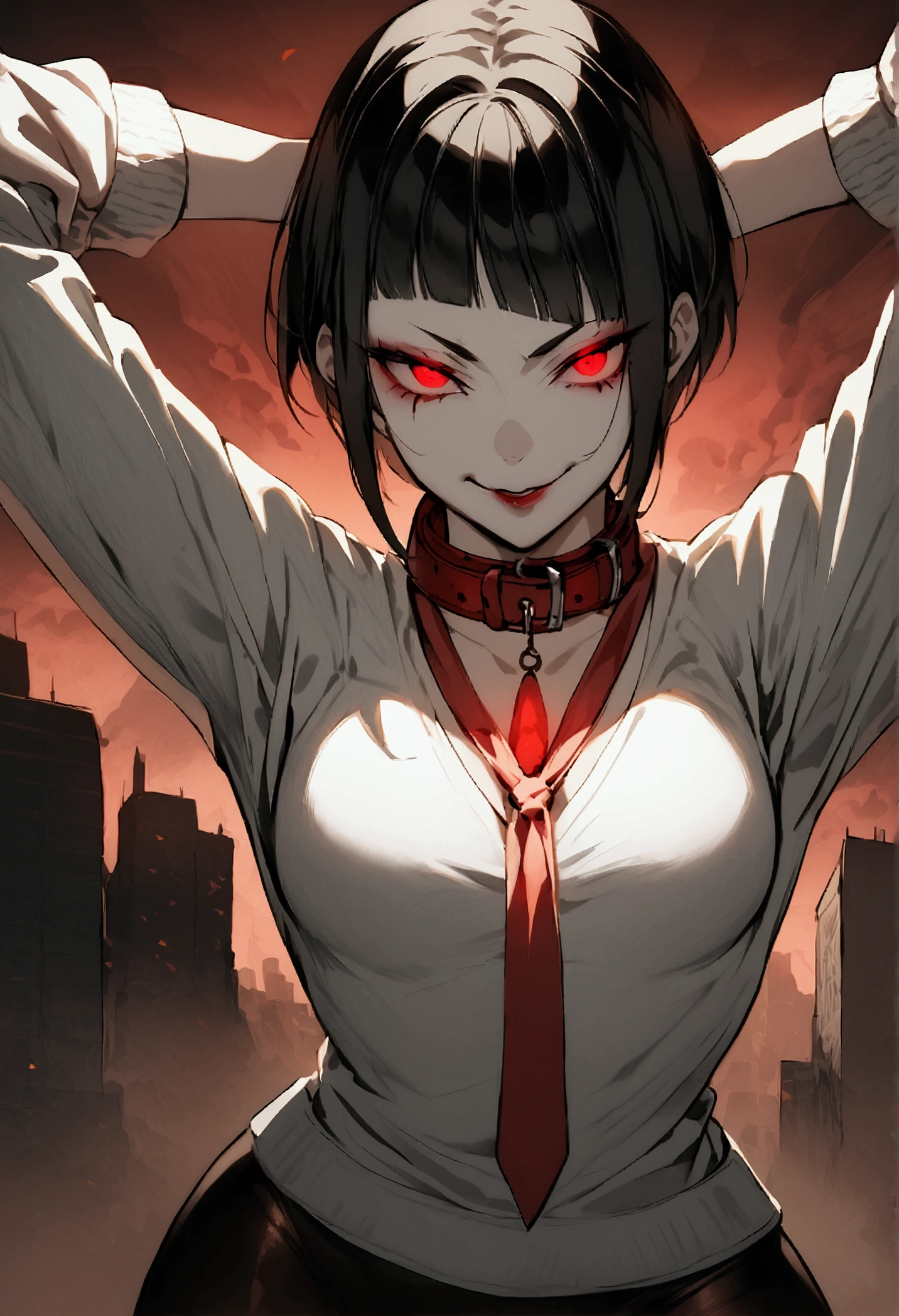 standing,alone,short hair,work of art,face detailed,young fitness linda,Wearing black pantyhose,tight white sweater with collar ,neckleace,evil smile,red eyes glowing,labiaa,eye shadow,bangs on the eyes,Hands behind the head ,background city
