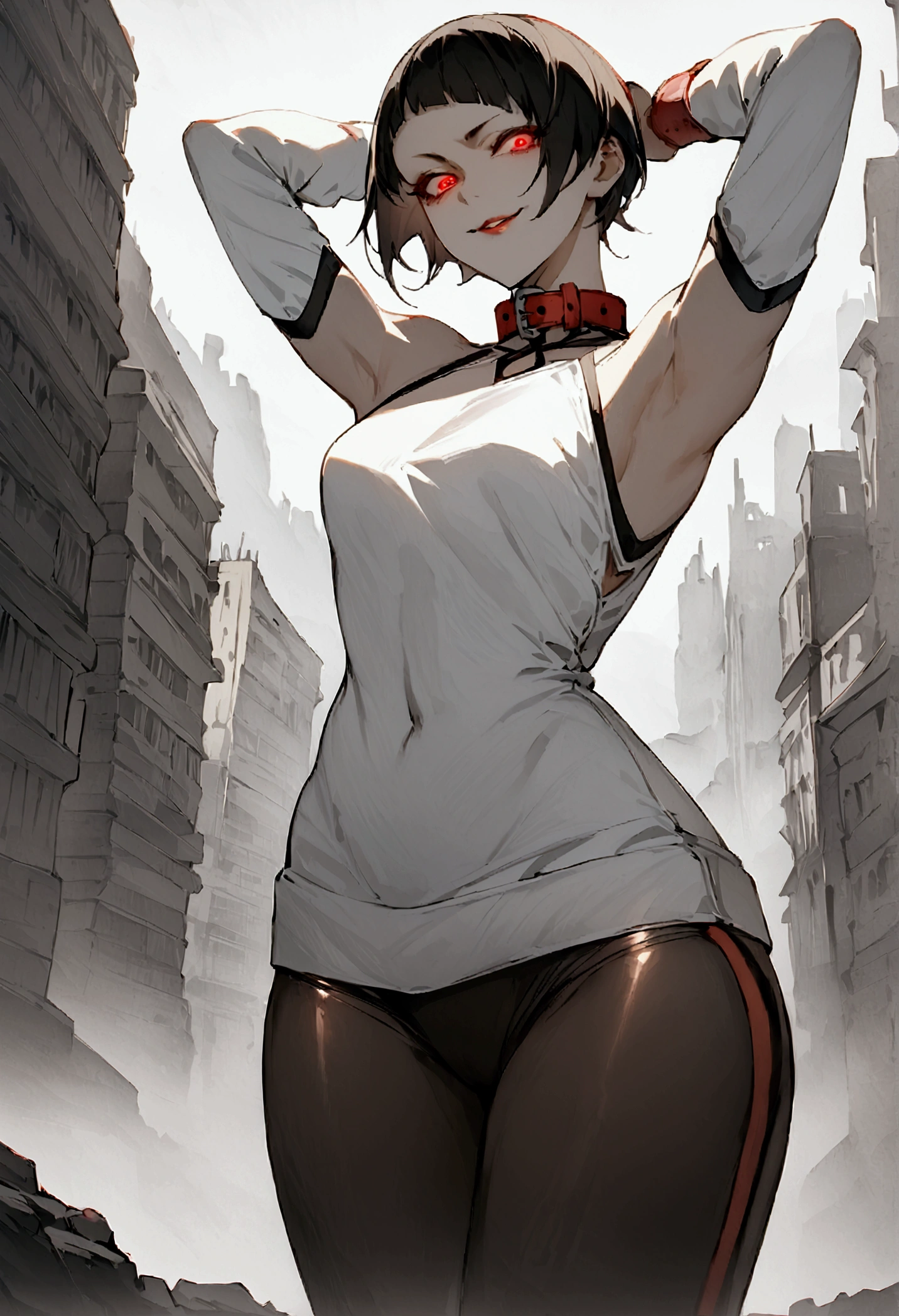 standing,alone,short hair,work of art,face detailed,young fitness linda,Wearing black pantyhose,tight white sweater with collar ,neckleace,evil smile,red eyes glowing,labiaa,eye shadow,bangs on the eyes,Hands behind the head ,background city
