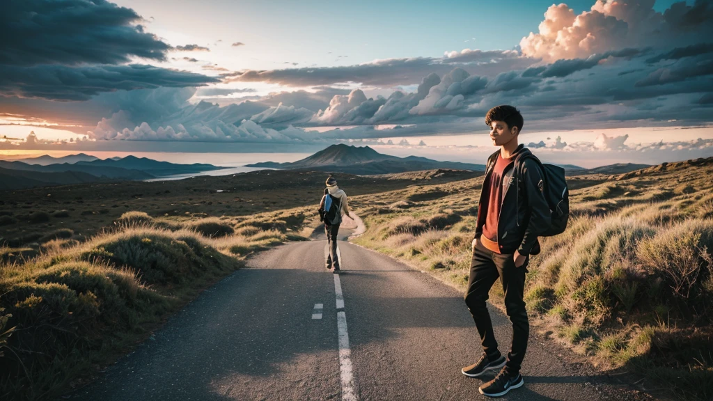  A young man standing at a crossroads, one path is easy and smooth with vibrant, colorful surroundings, the other is rocky and challenging with dark clouds, but the end glows with golden light symbolizing lasting success.