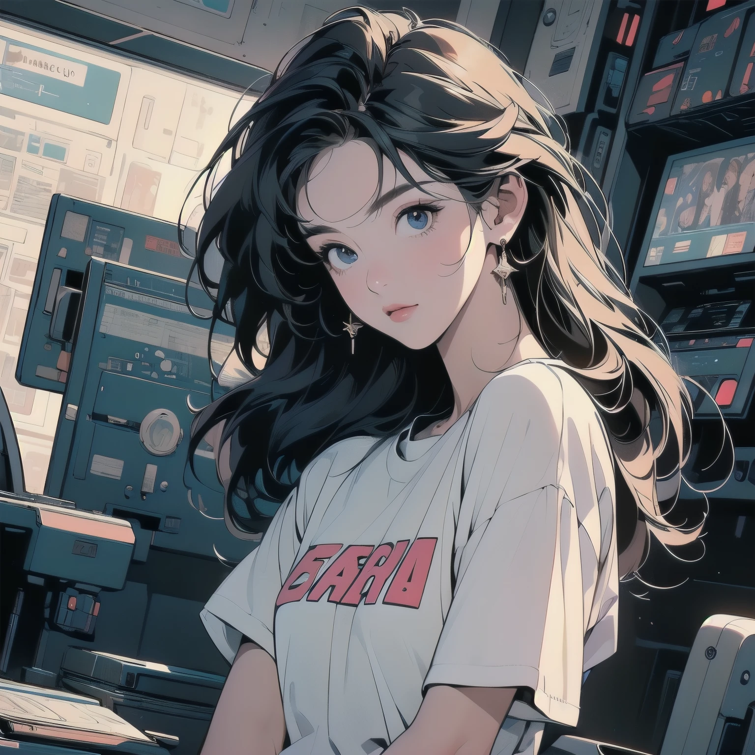(((masterpiece, Highest quality)))、(((32K Wallpapers)))、The most detailed machine、(((The most complete and detailed colorfull futuristic machine and a woman)))、The most detailed background、(((Flat Chest)))、(((Surrounded by many complex, sophisticated, futuristic machines)))、head shot,((((more various angle))))、((Overall colorfully))、A perfect machine、(((Perfect Face)))、(((The most complete machine of the future)))、Detailed Hair、Trigun、Short sleeve white T-shirt