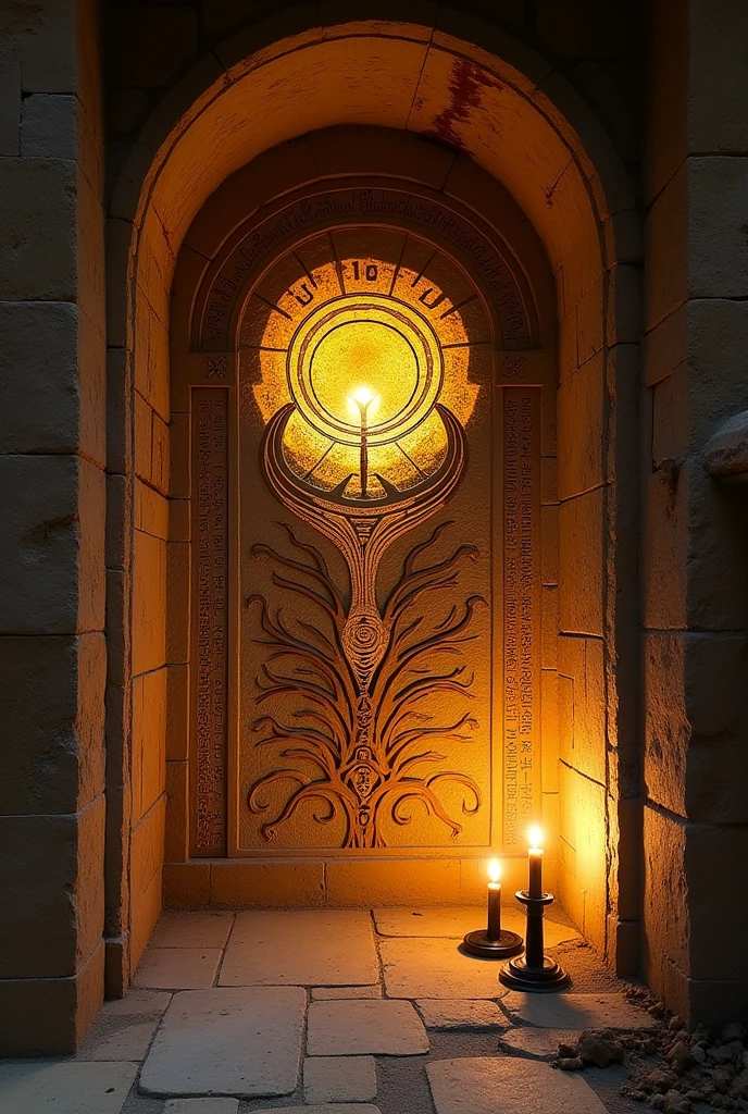 Nahris Symbol: Engraved in a hidden corner of the chapel, The symbol is a stylized representation of a setting sun, Half submerged in shadows and half glowing with a soft light. At the center, There is a spiraling funnel, As if being sucked into an endless darkness. Around the symbol, Inscriptions in an ancient language spread out like roots, Suggesting a deep connection to twilight and to Nahris' power to balance light and darkness.