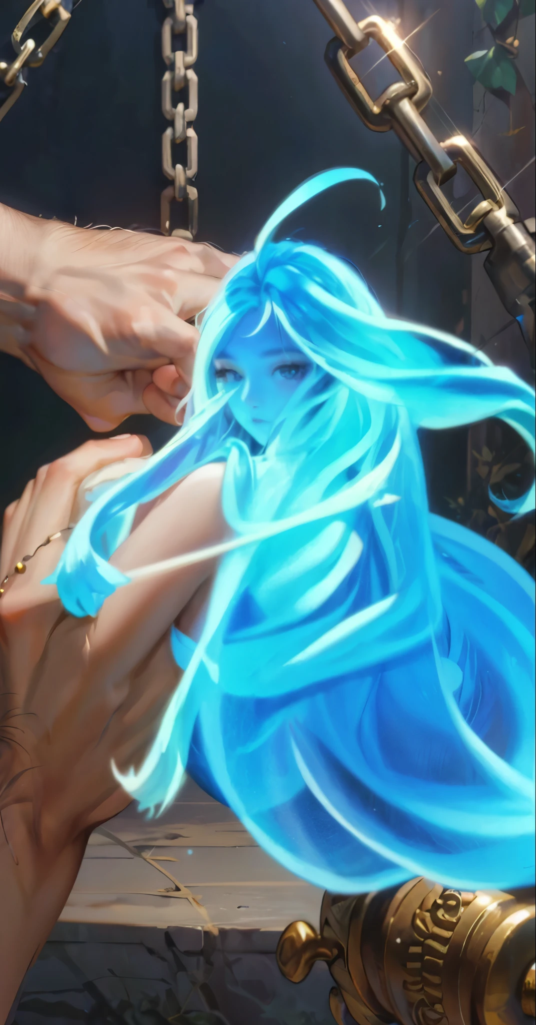 ((Best quality)), ((masterpiece)), (details), ((perfect face)), ((half body)) blue soul, pretty face, female, cute, perfect proportions, and lover, holding a blue guitar in his hand, long hair, female version, detailed workshop background, detailed landscape background