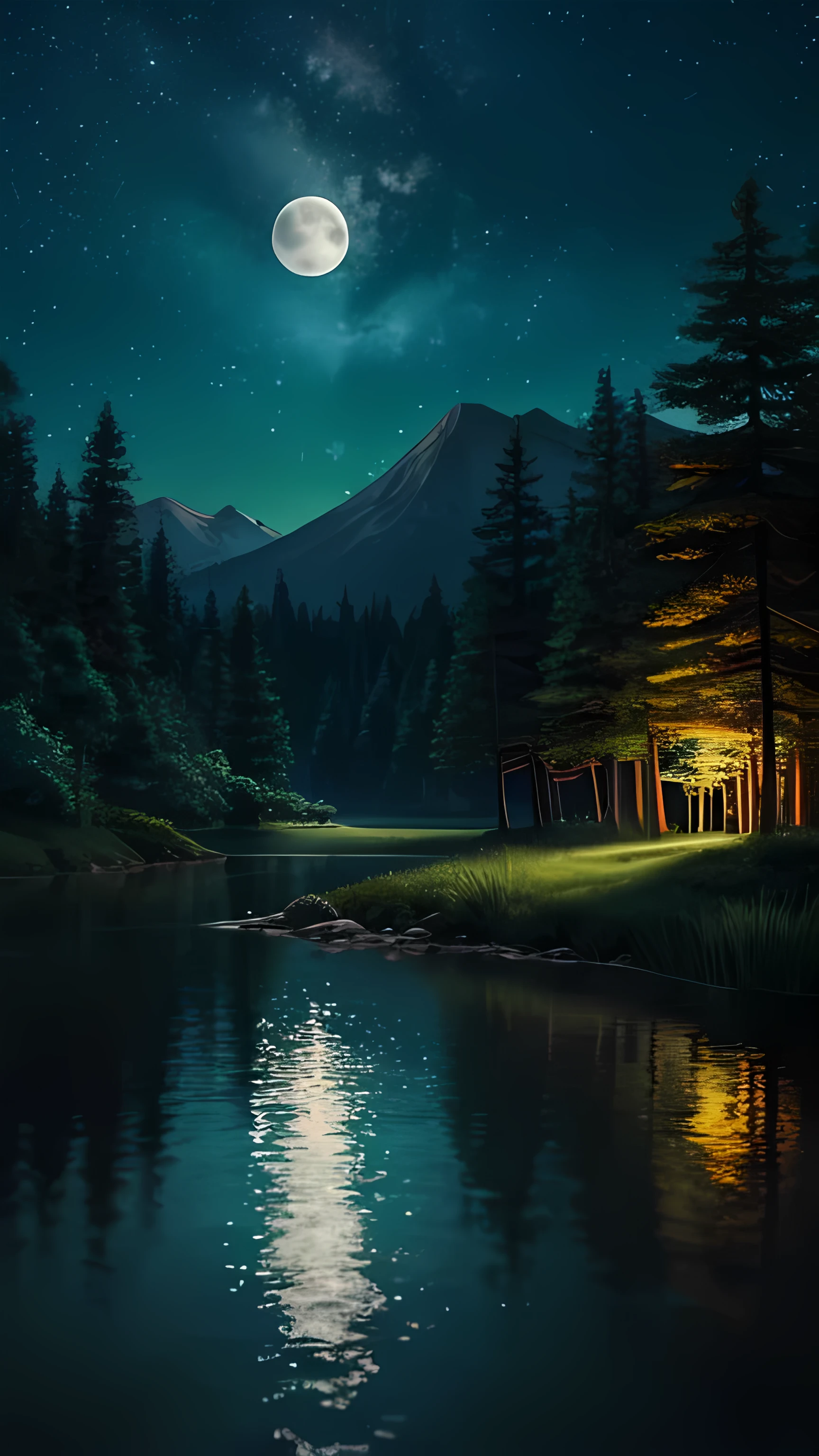 Imagine a serene nighttime scene inspired by anime aesthetics. Picture a tranquil forest bathed in the soft glow of a full moon. Tall, ancient trees with lush, dark green leaves create a natural canopy, while fireflies dot the air with gentle, twinkling lights. A small, clear stream meanders through the forest, its water shimmering under the moonlight. In the background, distant mountains rise against the star-studded sky. The atmosphere is peaceful and magical, with a hint of otherworldly charm typical of anime landscapes.