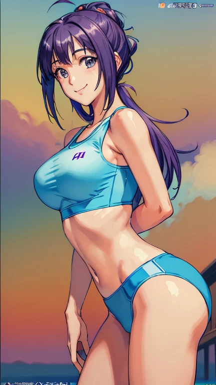 ((masterpiece, Highest quality, Highest quality, Official Art, beautifully、beautiful:1.2)),((masterpiece)),((Vibrant colors)),((Ayako Katagiri)),((幸せそうなsmile)),((smile)),((looks fun)),(((Plain sports bra))),(Seaside),(Big Breasts),(((Side bust))),(sunset),(Skin exposed),(Cool),(Track and field athlete)