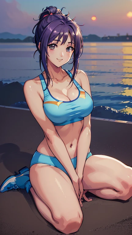 1girl, bangs, blue hair, necklace, parted lips, purple eyes, short hair, smile, solo, two piece purple swimsuit, sandy pier background, walking, back turned 