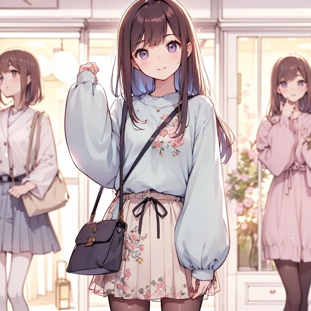 (Exquisite, beautiful, Very detailed, masterpiece, high quality,High resolution),(Well-formed face,Soft and thin lines: 1.2, Beautiful and delicate illustrations with a mature and transparent feel, Pixiv-inspired anime illustration,A beautiful girl illustration with a cute smile in pastel colors that would go viral on Twitter among Japanese people),A fashion model, like a college student, striking a pose in front of a stylish store.,A delicate face with a translucent quality, (looks fun,Happy smile),(Slightly wavy, flowing medium-length hair), (A pale pink blush, Plump pink lips,Quite a large bust,Fair skin, Good style,Long, slender legs)
