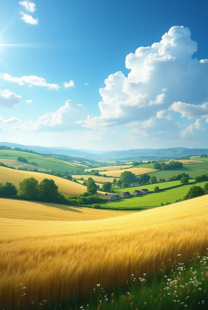 In the English countryside, wide open fields stretch out beneath a clear blue sky. The landscape is a patchwork of rolling green meadows and golden wheat fields, gently undulating under the soft light of the sun. The horizon is marked by distant hills, and the expansive sky overhead is dotted with a few fluffy white clouds. The tranquil scene is punctuated by the occasional cluster of trees and quaint farmhouses, embodying the serene beauty of rural England.