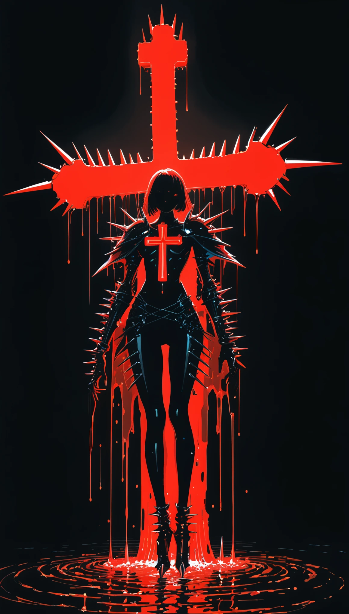 in style of Hans Hartung,in style by Kilian Eng
(1girl,character conceptual design,half body),gravure_pose,red eyes,(oversize black wings on back:1.3),glowing red fluorescent,armor,giant forearm,drops of water,waterline string,(irregular light cross spikes,all eyes know:1.8)