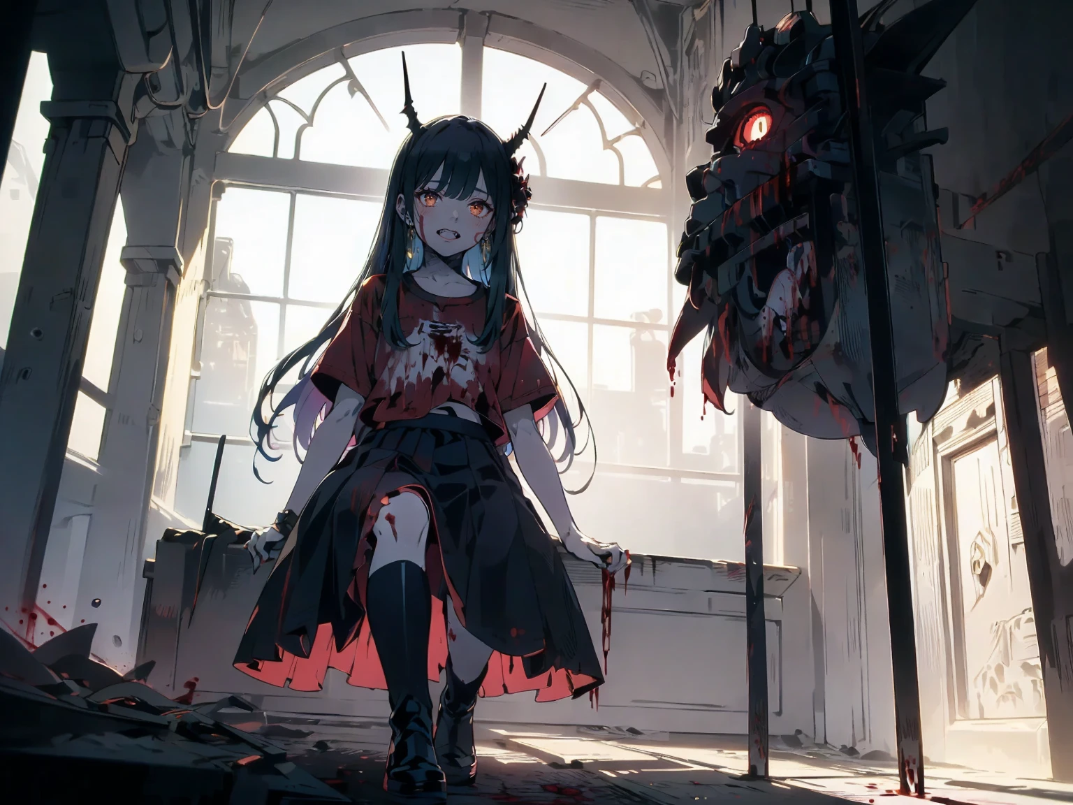 beautiful girl、とてもcute天使、Pink T-shirt、cute、Baby Face、smile、Long skirt、Black long boots、.(Highest quality,4K,High resolution,masterpiece:1.2),Very detailed,Realistic:1.37,Spooky altar background,Dark fantasy,Red color scheme,Ominous atmosphere,Eye-catching,Storytelling,anatomy,Anime Style,Concept Art,beautiful細部までこだわった顔と (((Red eyes ))),A terrifying ritual ,Ritual of sacrifice,Premature death,inappropriate behavior,クレイジーなsmile,Scythe Face,Girl Monster, beautiful, Delicate facial features, Sharp Eye, Sharp Fangs, pale skin, Thick chain, Dark Background, Cinema Lighting, Dramatic Shadows, Gothic style, Gloomy atmosphere, Dark fantasy, one person&#39;s, Please open your mouth wide, Open your mouth and baring your teeth,Sharp teeth like a beast, Wide lips, very wide mouth, Vermilion cheeks, ,(Blood splatter:1.4),Scary smile, smile,Angel Design, Twisted smile、Bloody、bleeding from the head,,,,,、Blood splatter、,(Blood splatter:1.4),skull,Horror Style, ((Fantasy Sweet Ta Frill Pink Costume)), ((Flowing blonde hair)), ,(Blood splatter:1.4),Female curves, Sexy flat stomach, Perfect hands, Perfect anime face, (Pink Tata Dress)), Are standing, ((邪悪なsmile)), ,(Blood splatter:1.4), Steam circulates, Moonlight Illumination, night lighting, (Blood splatter:1.6),アニメAngel Design, Twisted smile、Bloody、bleeding from the head,,,,,、Blood splatter、,(Blood splatter:1.4), skull,Gothic architecture、Western architecture、Fantasy World、,Victorian cities, Skeleton Gas Light,Absurd, High resolution、 ((Tabletop)), ((Highest quality)), (Very detailedな), ((Very detailed)), (beautiful), ((cute)), (NFSW:1.8), alone,(10 years old:1.6)、(world&#39;Most terrifying and spooky gothic girl:1.5)beautiful face、Whole Body Ezbian、pale, beautiful肌、beautiful金の髪、優しくsmileむ、Dark building ruins、(snow white&#39;Frill dress:1.3)、(The dark ruins are stained with blood:1.3)、Low angle full body shot、(少女は血の海の中にAre standing:1.5)、(The ground is full of blood:1.3)、(The girl lost a lot of blood....:1.3)、(クレイジーなsmile:1.6)、Spirits、(Blood dripping from the mouth:1.3)、
