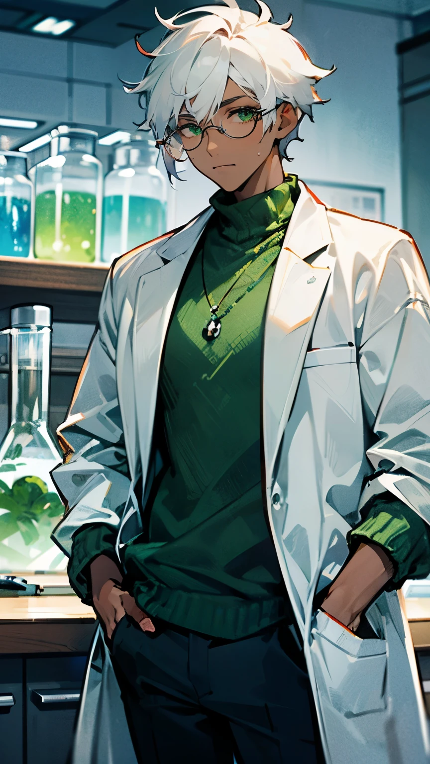 1male , Messy White Hair , Green Eyes , Dark Skin , Lab Coat , Glasses , Standing in science lab , Science Lab Background , Lean Muscular , Green Sweater Under Lab Coat