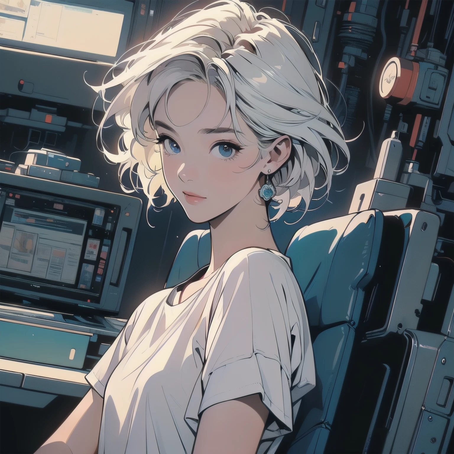 (((masterpiece, Highest quality)))、(((32K Wallpapers)))、The most detailed machine、(((The most complete and detailed colorfull futuristic machine and a woman)))、The most detailed background、(((Flat Chest)))、(((Surrounded by many complex, sophisticated, futuristic machines)))、head shot,((((more various angle))))、((Overall colorfully))、A perfect machine、(((Perfect Face)))、(((The most complete machine of the future)))、Detailed Hair、Trigun、Short sleeve white T-shirt、white hair