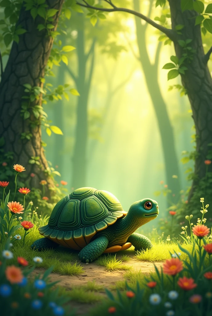A little turtle with its turtle mama living in the forest for a children's book