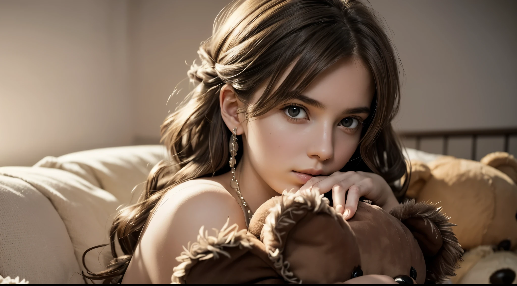 1girl, (solo:1.4), (hugging large teddy bear:1.4), soft fur, detailed face, (looking at viewer:1.2), long curly hair, (messy dry hair:1.2), delicate necklace, cozy atmosphere, oversized plush, comforting, detailed, warm lighting, blurred background, sexy lingerie, (yo, cute:1.2), (breasts:1.2), light brown hair, sofa, (realistic, photo-realistic:1.3), (best quality, masterpiece:1.2), raw photo, high resolution, incredibly intricate details, sharp focus, cinematic lighting, seductive, sophisticated,