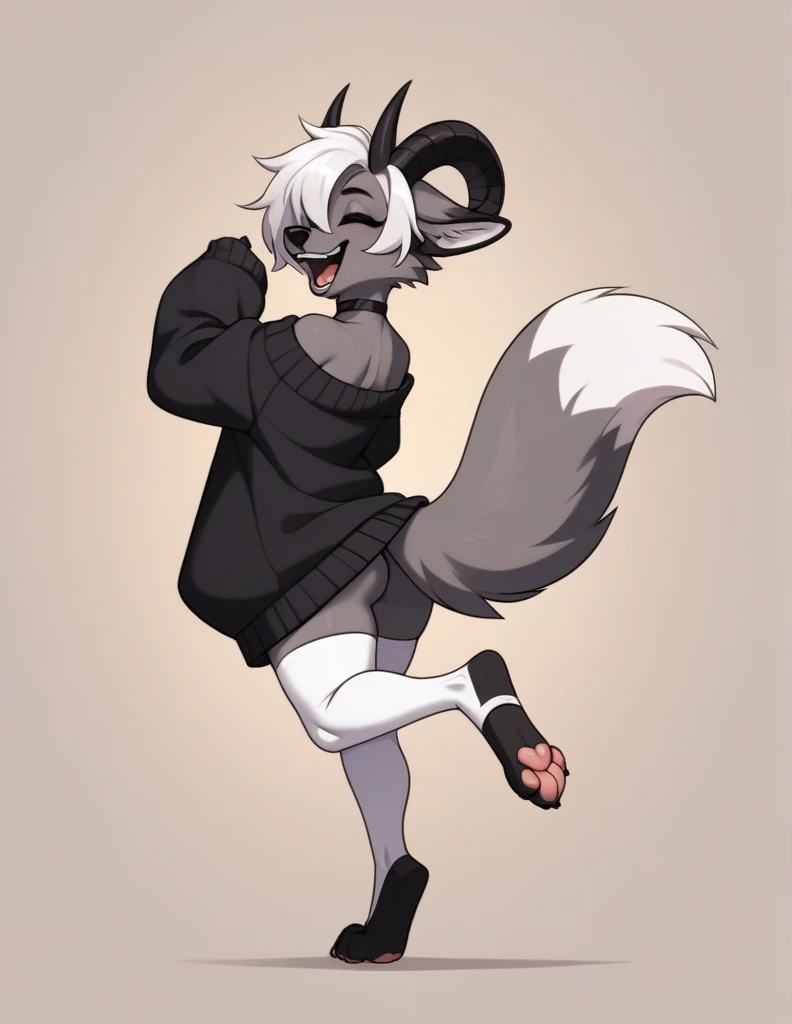 Solo, Score_9, score_8_up, score_7_up, An Anthro furry fox girl, dark grey furry body, fox tail, , black nose, white hair, spiky hair, wearing oversized sweater, white thigh highs, one foot up and in view, exposed toes, 4 toes, mouth open, laughing, rear view, (curved horns), black choker, black detailed choker, feminine, dark fur