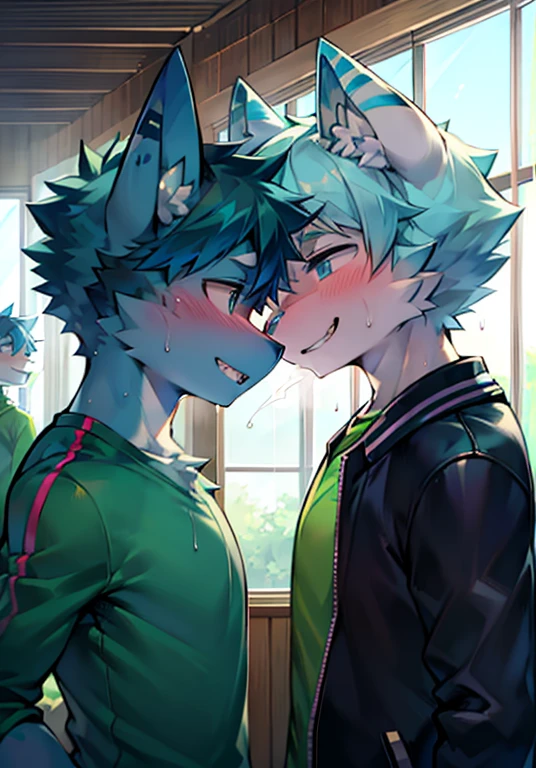 Two males, Two characters, shark, teenage boys,cat, cat ears, Green fur, yellow jacket, Green T-shirt, Blue hair, blue eyes, endearing smile, Shows teeth, blue jacket, white  shirt, Polished, 4k, in the gym, very sweaty, heavy breathing,  tits, standing near eachother