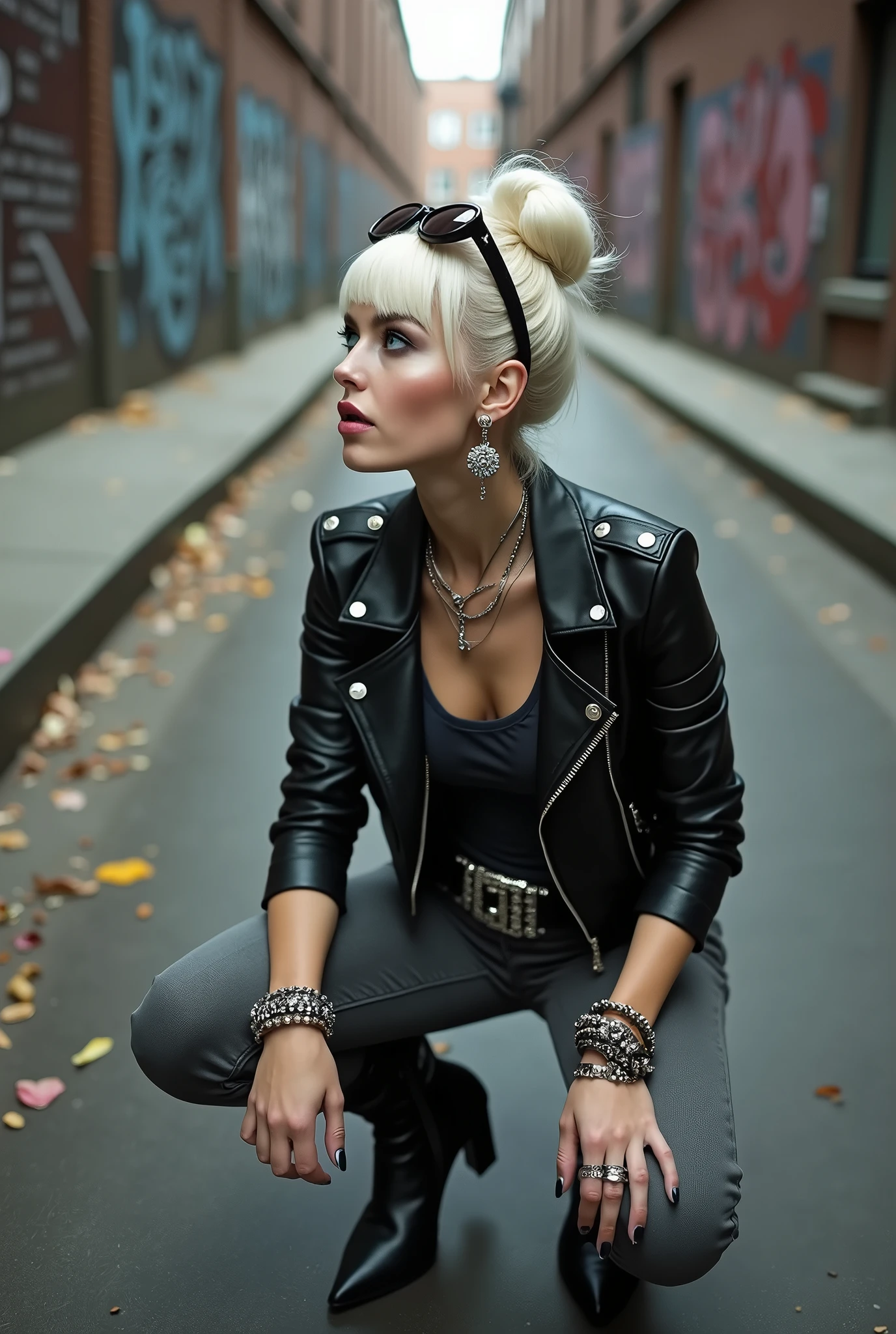 russian milf woman, platinum blonde hair (huge top bun) and sunglasses as headband, with very light blue eyes, extremely pale. Wearing cropped black moto jacket, cropped metal band t-shirt, skinny dark grey jeans and pointy Chelsea boots with cuban heels . Lots of metallic bracelets and collars. Tacky leather belt with oversized buckle. Wide loop earrings. Kneeling in a payer, looking up, eyes and mouth wide open in amazement. Hands on her knees. Listening in amazement to somebody speaking to her