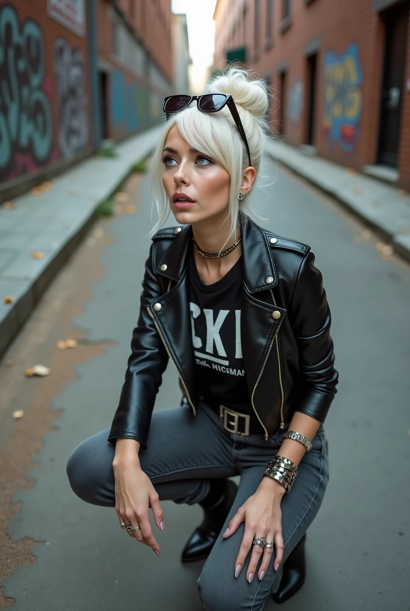 russian milf woman, platinum blonde hair (huge top bun) and sunglasses as headband, with very light blue eyes, extremely pale. Wearing cropped black moto jacket, cropped metal band t-shirt, skinny dark grey jeans and pointy Chelsea boots with cuban heels . Lots of metallic bracelets and collars. Tacky leather belt with oversized buckle. Wide loop earrings. Kneeling in a payer, looking up, eyes and mouth wide open in amazement. Hands on her knees. Listening in amazement to somebody speaking to her
