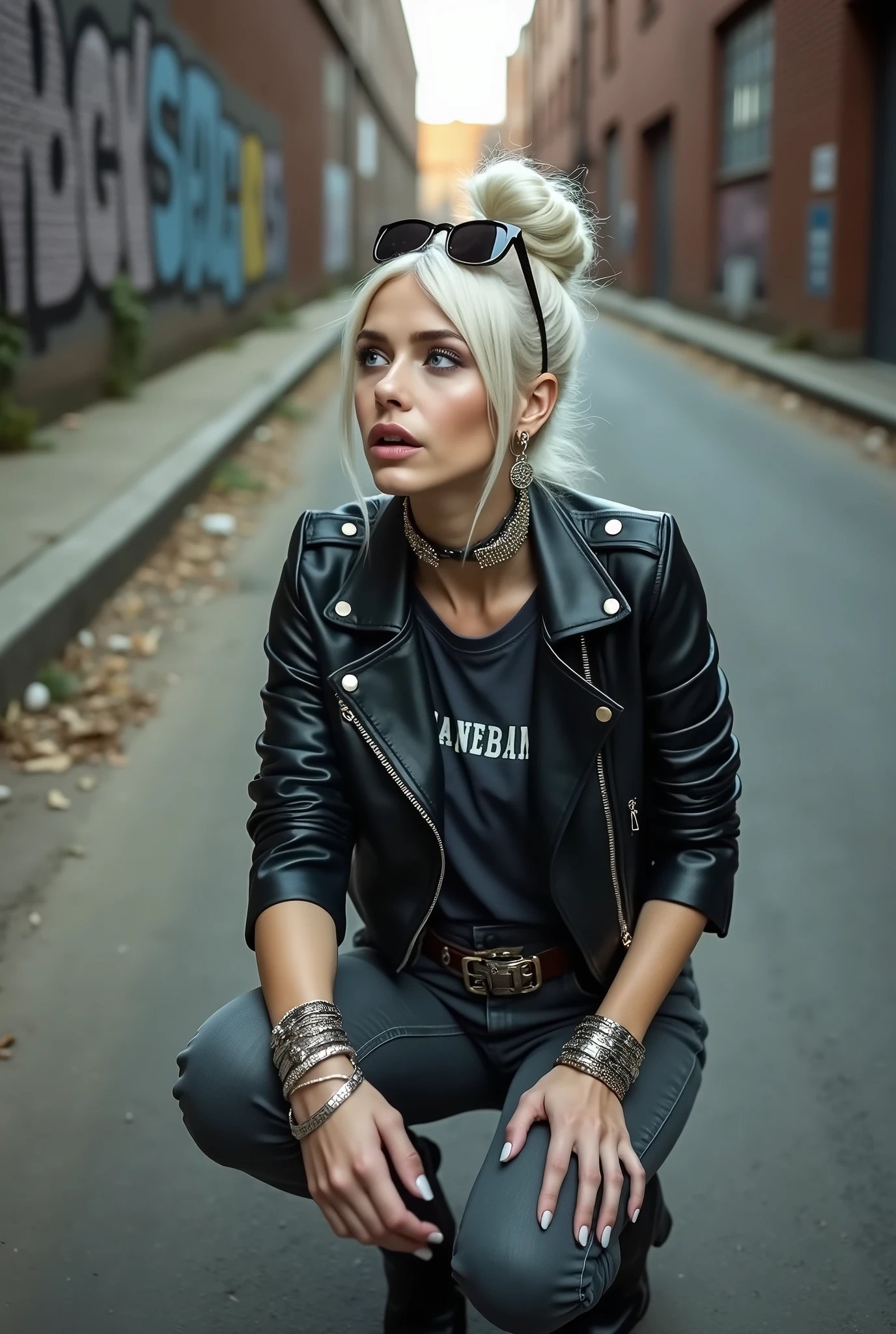 russian milf woman, platinum blonde hair (huge top bun) and sunglasses as headband, with very light blue eyes, extremely pale. Wearing cropped black moto jacket, cropped metal band t-shirt, skinny dark grey jeans and pointy Chelsea boots with cuban heels . Lots of metallic bracelets and collars. Tacky leather belt with oversized buckle. Wide loop earrings. Kneeling in a payer, looking up, eyes and mouth wide open in amazement. Hands on her knees. Listening in amazement to somebody speaking to her