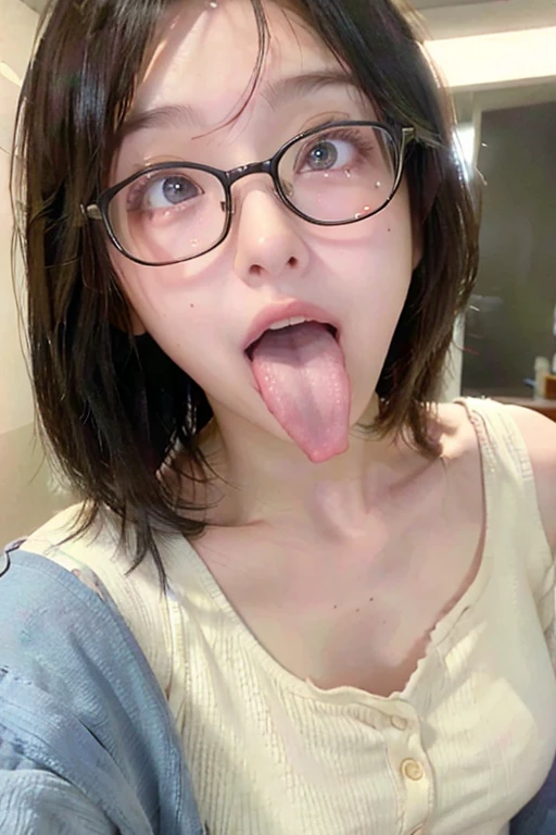woman, beautiful girl, 、 Baby Face, Realistic skin of the highest quality, Eyes are focused, 20-year-old, Sticking out tongue, Focus on the mouth, Open your mouth, Long Tongue, saliva, Open your mouth , You can see inside the mouth, Open your mouth  Sticking out tongue, Realistic tongue、Provocative eyes、look up、attractive、Wearing glasses