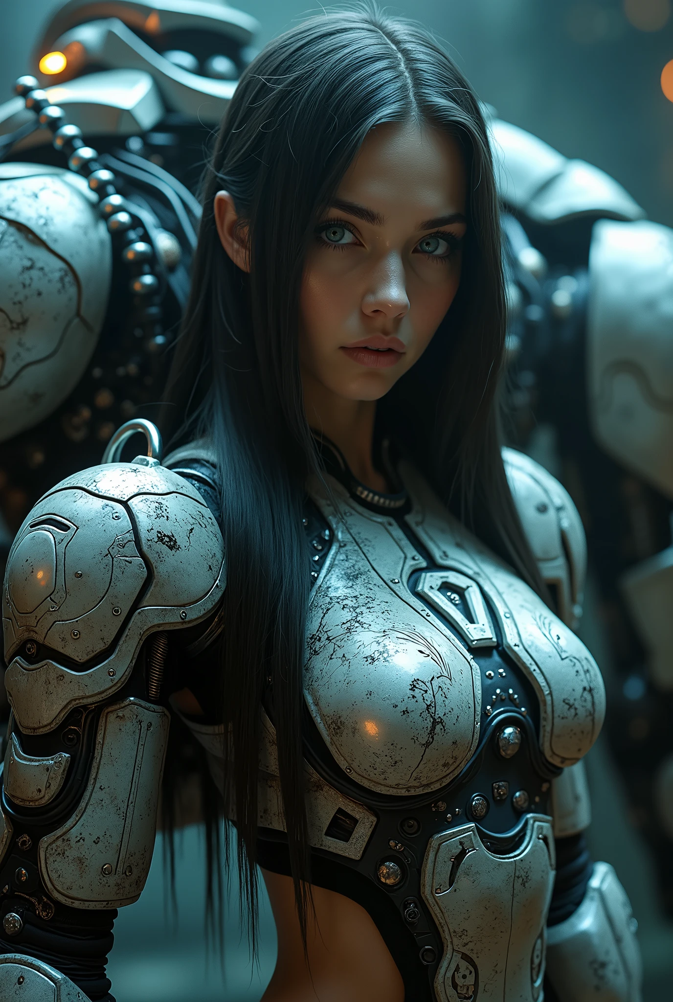 (masterpiece, photorealistic:1.4, extremely intricate:1.3), (photon mapping, radiosity, physically based rendering, ultra resolution, hyper-realistic, photorealistic:1.4, hyper-realistic, 8K), ((((humid age 20year, [bodybuilder:supermodel:0.8], (wide eyes, long lashes, (([large breasts:huge breasts:0.5])), battle-damaged translucent black white breastplate armor:0.8, etched, engraving)), [makeup:freckles:0.7]))), blue eyes), angry, arrogant, BREAK, (((It's a futuristic humid dark room, she is a (torso mounted on robot dreadnaught vehicle, juggernaut, muscular, dynamic pose), mechanical arms, mechanical torso, wires, wiring, (glowing cybernetic chrome crystal reflections), long straight hairband ([dark hair:bright red hair:0.2], volumetric, shadows)))
