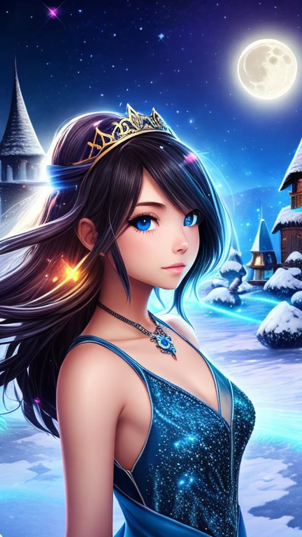 night, ((1 girl)), alone, masterpiece, 8k wallpaper, High resolution, Ridiculous, High quality backgrounds, short hair, black hair, Multi-colored hair, beautiful frozen village, (full moon), blue dress, detail dress, jewelry dress, (magic:1.2), blue fire, blue eyes, glowing eyes, fire, Ice Goddess, (Beautiful blue crown), electricity, blue electricity, blue light particles