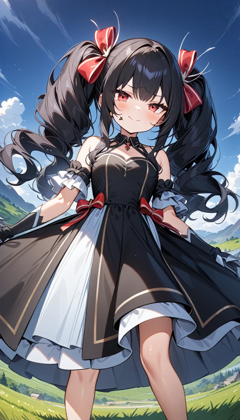  ((masterpiece)), ((an extremely delicate and beautiful)), (best quality), (ultra-detailed), (best illustration), (best illumination), 1girl, solo, long hair, black hair, black dress, twin drills hairstyle, white dress, multicolored dress, crimson ribbon bow, silver claws hairpin, closed mouth, pinkish red eyes, lazy smirk, emotionless, tattoo on cheeks, Lindworm girl, tsundere, Cute, enjoying, detailed scenery, field scenery. 