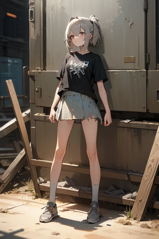 masterpiece, best quality, ((dirt on skin, dirt on clothes, tore clothes)) 1girl, standing, full body, T-shirt, mini-skirt, ,