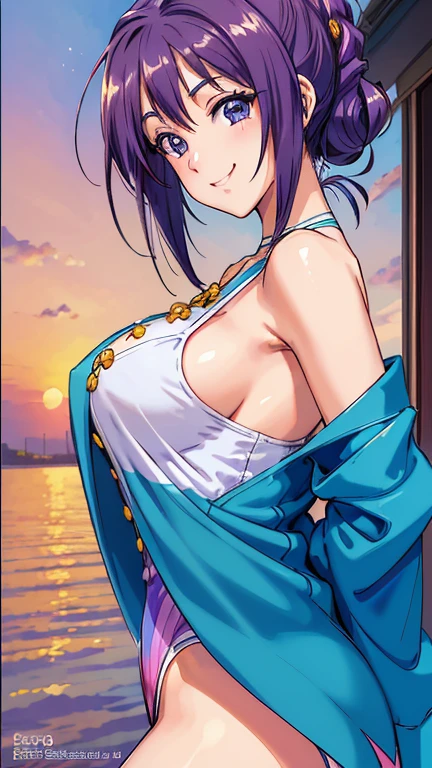 ((masterpiece, Highest quality, Highest quality, Official Art, beautifully、beautiful:1.2)),((masterpiece)),((Vibrant colors)),((Ayako Katagiri)),((幸せそうなsmile)),((smile)),((looks fun)),(Seaside),(Big Breasts),(((Side bust))),(sunset),(Skin exposed),(Cool)