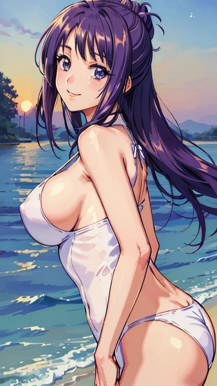 ((masterpiece, Highest quality, Highest quality, Official Art, beautifully、beautiful:1.2)),((masterpiece)),((Vibrant colors)),((Ayako Katagiri)),((幸せそうなsmile)),((smile)),((looks fun)),(Seaside),(Big Breasts),(((Side bust))),(sunset),(Skin exposed),(Cool)