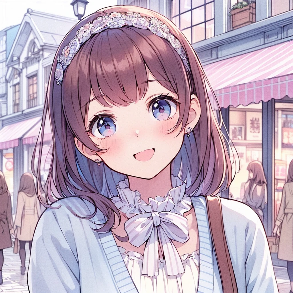 (Exquisite, beautiful, Very detailed, masterpiece, high quality,High resolution),(Well-formed face,Soft and thin lines: 1.2, Beautiful and delicate illustrations with a mature and transparent feel, Pixiv-inspired anime illustration,A beautiful girl illustration with a cute smile in pastel colors that would go viral on Twitter among Japanese people),A fashion model, like a college student, striking a pose in front of a stylish store.,A delicate face with a translucent quality, (looks fun,Happy smile),(Slightly wavy, flowing medium-length hair), (A pale pink blush, Plump pink lips,Quite a large bust,Fair skin, Good style,Long, slender legs)