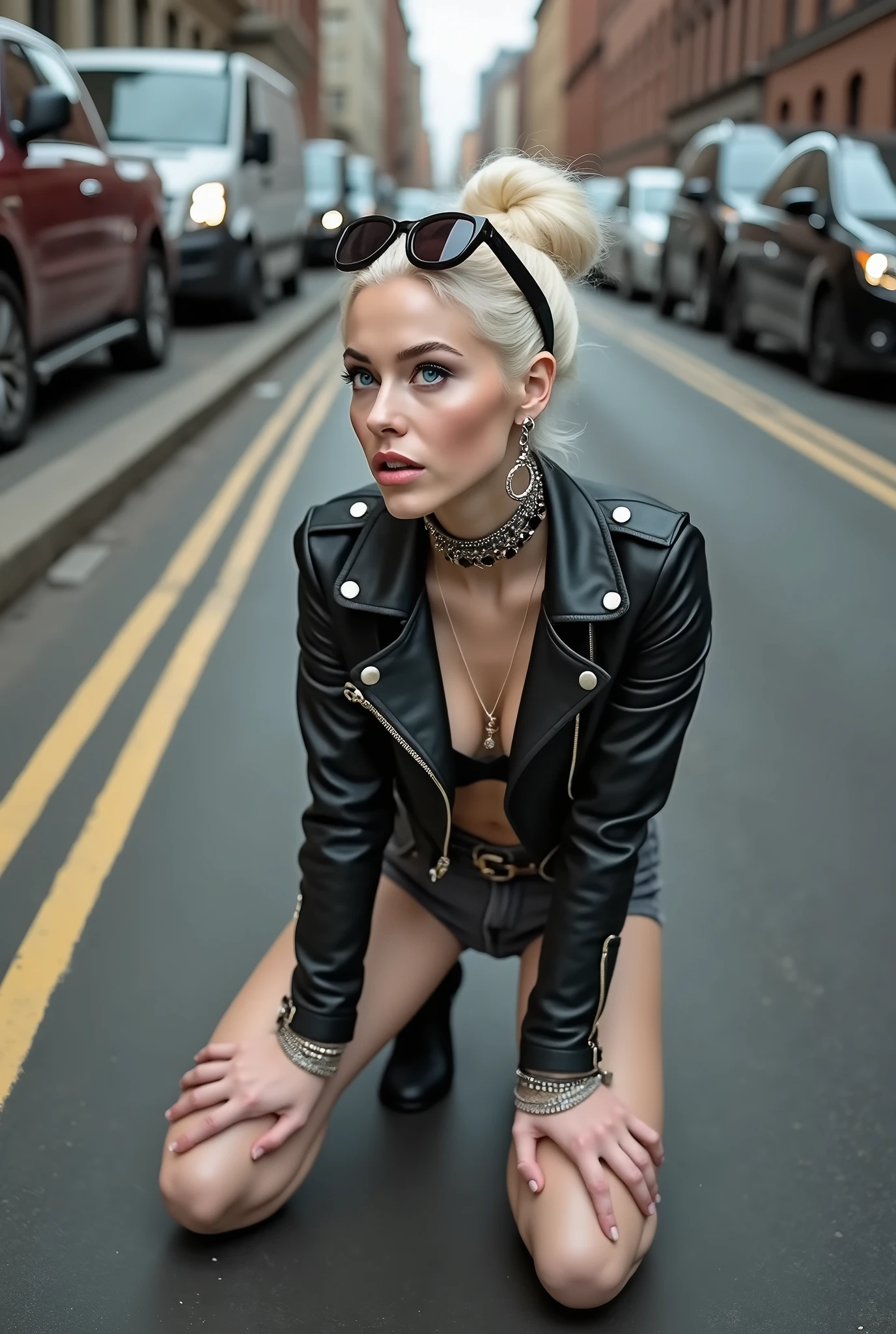 russian milf woman, platinum blonde hair (huge top bun) and sunglasses as headband (big maxi glasses), with very light blue eyes, extremely pale. Wearing cropped black moto jacket, black bra, dark grey jeans and pointy Chelsea boots with cuban heels . Lots of metallic bracelets and collars. Tacky leather belt with oversized buckle. Wide loop earrings. Kneeling in a payer, looking up, eyes and mouth wide open in amazement. Hands on her knees. Listening in amazement to somebody speaking to her, toned six pack abs, thin legs and thin arms