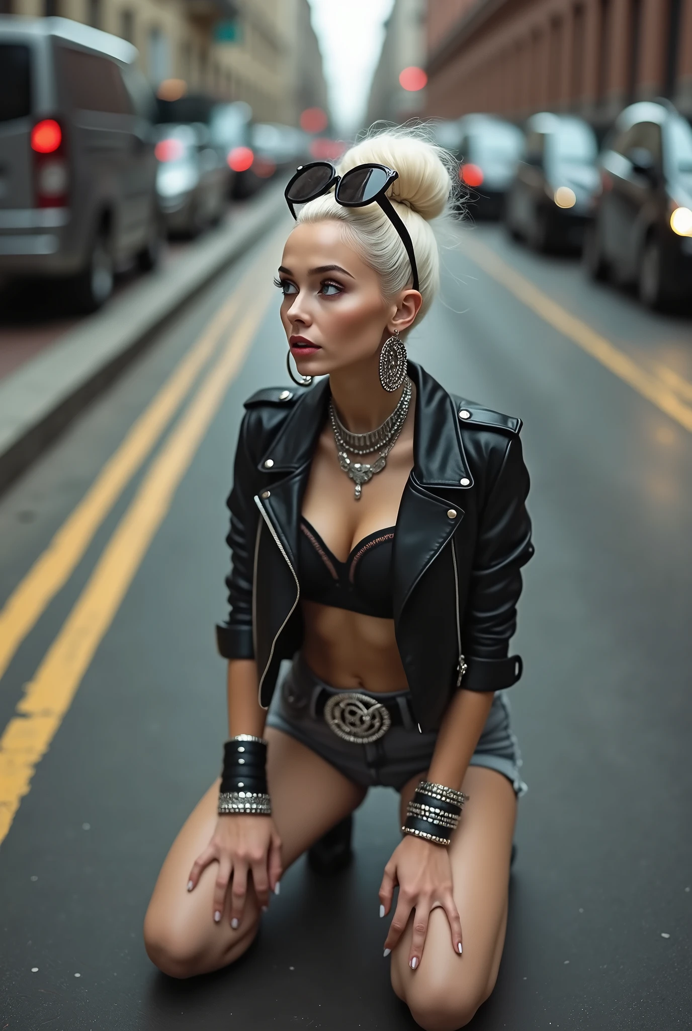 russian milf woman, platinum blonde hair (huge top bun) and sunglasses as headband (big maxi glasses), with very light blue eyes, extremely pale. Wearing cropped black moto jacket, black bra, dark grey jeans and pointy Chelsea boots with cuban heels . Lots of metallic bracelets and collars. Tacky leather belt with oversized buckle. Wide loop earrings. Kneeling in a payer, looking up, eyes and mouth wide open in amazement. Hands on her knees. Listening in amazement to somebody speaking to her, toned six pack abs, thin legs and thin arms