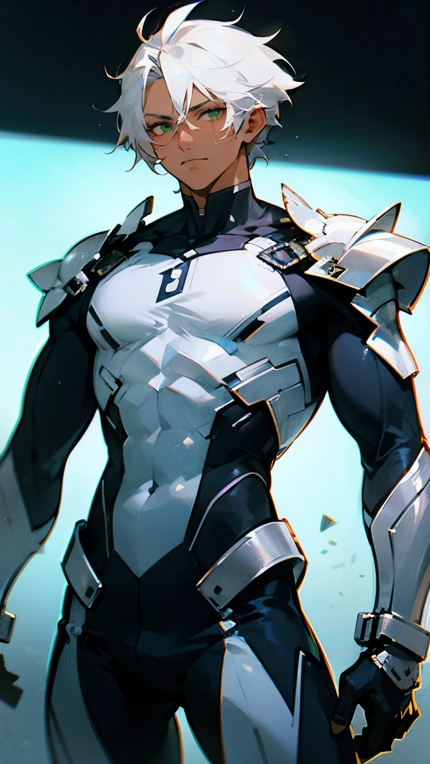 1male , Messy White Hair , Green Eyes , Dark Skin , White Bodysuit , Armored Chest-piece , Super Suit , Lean Muscular