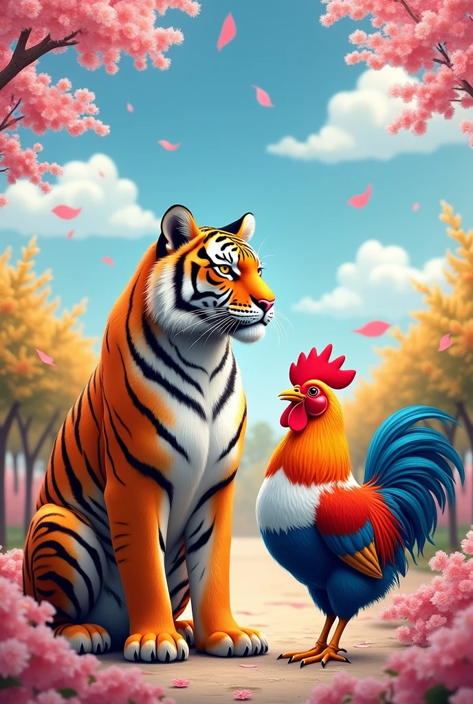 A tiger wearing colors of South Korea with a chicken wearing colors of France