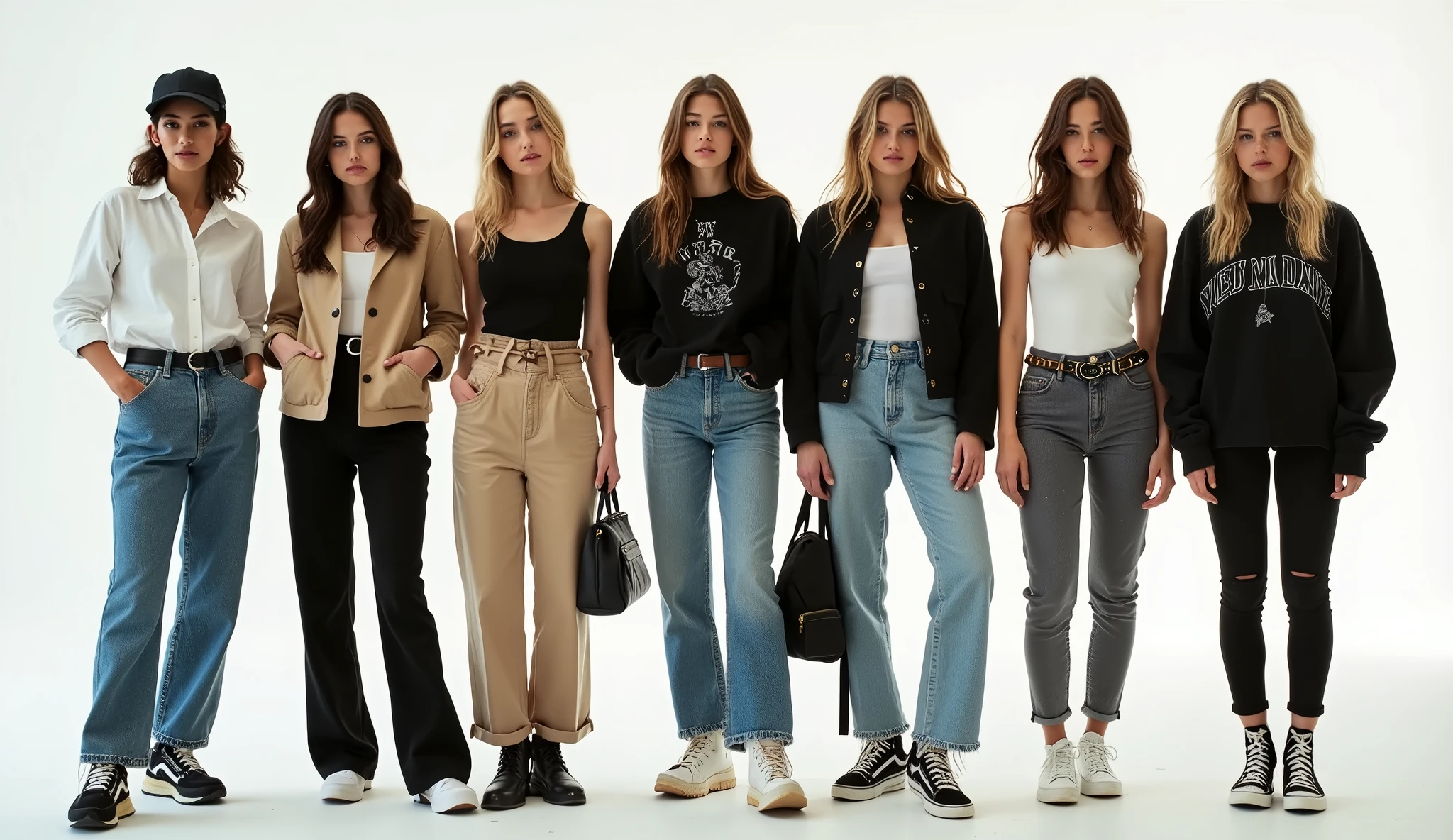 color photo of 6 stylish women with diverse outfits,
1st woman: denim jeans, white shirt, sneakers, cap,
2nd woman: trousers, black hoodie, boots, belt,
3rd woman: skirt, tank top, sneakers, crossbody bag,
4th woman: jeans, graphic tee, denim jacket, sneakers,
5th woman: hoodie, leggings, sneakers, backpack,
6th woman: jeans, blouse, ankle boots, statement belt,
camera settings: Nikon Z7 II, Kodak Ektar 100 film, 50mm lens, fashion editorial photography techniques,
directors: Wes Anderson, Sofia Coppola, Quentin Tarantino, cinematographers: Roger Deakins, Ellen Kuras, photographers: Annie Leibovitz, Mario Testino, fashion designers: Chanel, Alexander Wangeibovitz, Mario Testino, fashion designers: Chanel, Alexander Wang