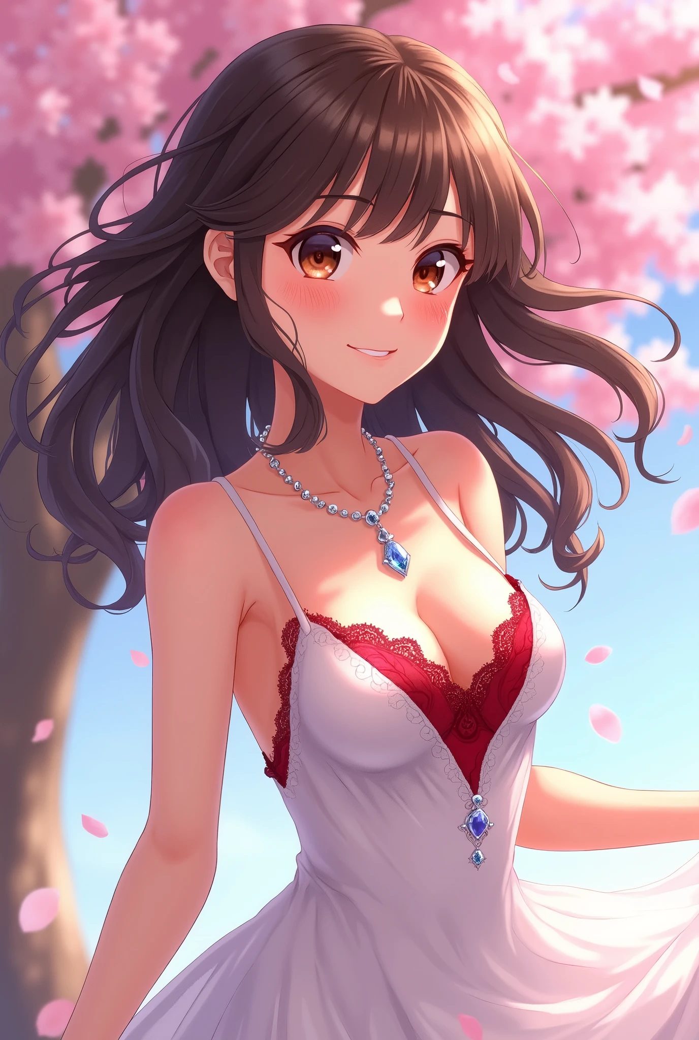 - 17-year-old anime girl
- Dark brown, Curly hairs; fluttering in the wind
- Bright brown eyes, attractive gaze
- Wearing short, White, elegant dress with thin straps and a very low neckline
- Visible red bra, huge breasts underneath, glittering material
- Striking diamond necklace around the neck, sparkling in the light
- Charming, inviting smile
- Background: cherry blossom tree with pink blossoms
- Graceful pose; one leg slightly raised
Very Sexy. Everything Perfect