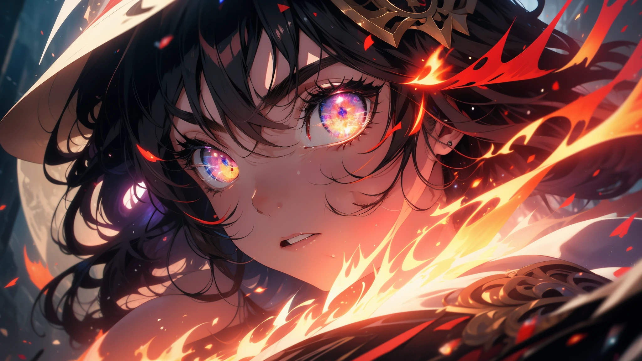 masterpiece, 1girl,, spell, mage, Dark Elf, scary, glow, particles, shining brightly eyes, stunning, spectral, snow, gorgeous, perfect face, expressive eyes, cute,Very beautiful big breasts,tatuados,8k,resolution,masterpiece,Highest quality,Intricate details,Very detailed,Clear focus,Wavy Hair、Red Flame Effect、Black Hair