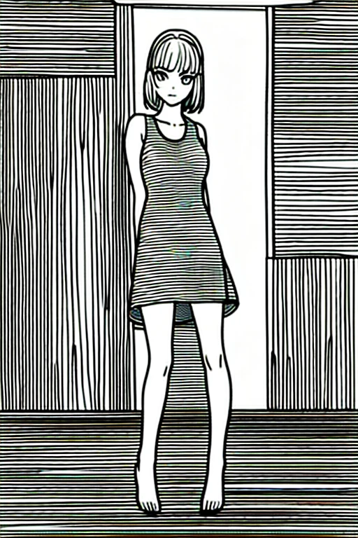 ((Highest quality)), ((masterpiece)), (detailed), 1 teenager, Wearing a one-piece dress、Posing like a model in front of the wall、Facing 45 degrees to the right、Line art