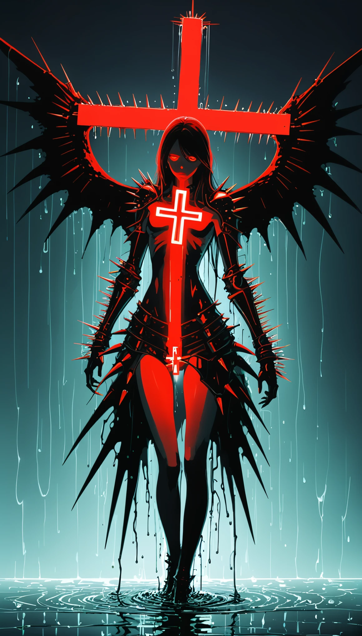 in style of Hans Hartung,in style by Kilian Eng
(1girl,character conceptual design,half body),gravure_pose,red eyes,(oversize black wings on back:1.3),glowing red fluorescent,armor,giant forearm,drops of water,waterline string,(irregular light cross spikes,all eyes know:1.8)