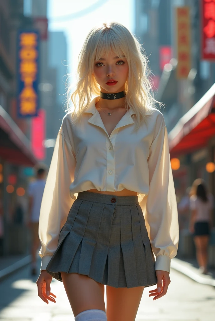 ,  bonita, 19 anos, loira platinada, nsfw, muito bonita, athletic, hazel eyes, red-lips, franja, usando uniforme escolar, saia plissada cinza clara muito curta, pernas grossas, pernas bonitas, cintura estreita, meias brancas de coxa saia plissada curta, cinza clara, mini-skirt, camisa branca de manga comprida, ??????? rosados, porcelain skin, The girl is wearing a black leather choker, the girl is wearing a school uniform, meias brancas de coxa The girl is standing on a street in a cyberpunk city,  the girl walks towards the camera, sob o sol do meio dia, the girl is wearing light fabric clothes. Foto de corpo inteiro, standing girl, portrait sophie mudd, thick neck, 19 year old female model, latina, angelawhite, violet myers, 22 years old, 21 years old, profile image, asian, Asian decent, Alycia Debnam-Carey, hazel eyes, realistic, post-processing, maximum detail,