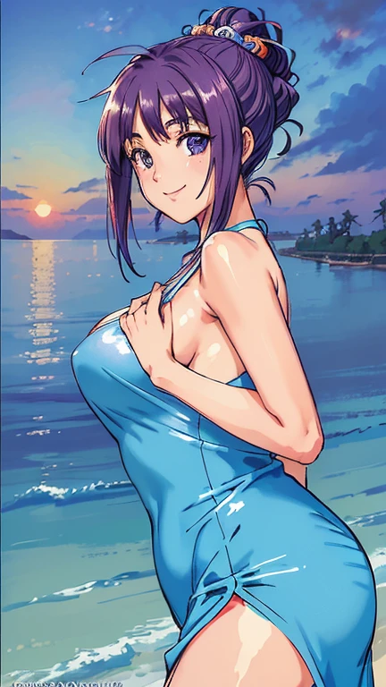 ((masterpiece, Highest quality, Highest quality, Official Art, beautifully、beautiful:1.2)),((masterpiece)),((Vibrant colors)),((Ayako Katagiri)),((幸せそうなsmile)),((smile)),((looks fun)),(Seaside),(Big Breasts),(((Side bust))),(sunset),(Skin exposed),(Cool)