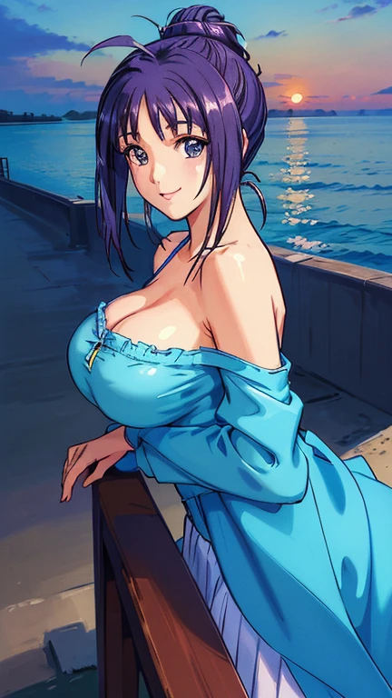 ((masterpiece, Highest quality, Highest quality, Official Art, beautifully、beautiful:1.2)),((masterpiece)),((Vibrant colors)),((Ayako Katagiri)),((幸せそうなsmile)),((smile)),((looks fun)),(Seaside),(Big Breasts),(((Side bust))),(sunset),(Skin exposed),(Cool)