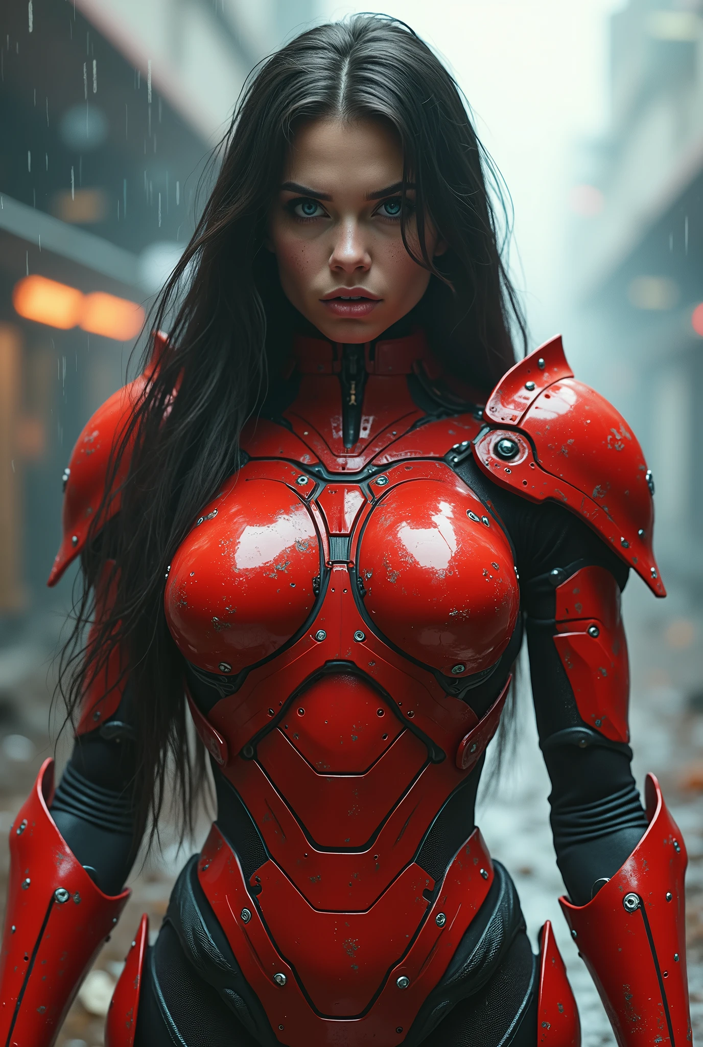 (masterpiece, photorealistic:1.4, extremely intricate:1.3), (photon mapping, radiosity, physically based rendering, ultra resolution, hyper-realistic, photorealistic:1.4, hyper-realistic, 8K), ((((humid teenage 20year, [bodybuilder:supermodel:0.8], (wide eyes, long lashes, battle-damaged translucent red breastplate armor:0.8, etched, engraving)), [makeup:freckles:0.7])), blue eyes), angry, arrogant, BREAK, ((((background is a futuristic battlefield, she is a juggernaut, muscular, dynamic pose), mechanical arms, mechanical torso, wires, wiring, (((glowing cybernetic chrome crystal reflections))), long straight hairband ([dark hair:bright red hair:0.2], volumetric, shadows)))
