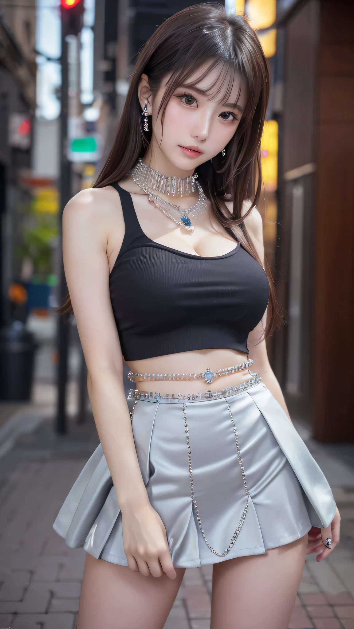 in 8K，photos realistic (1 Cute Japanese Idol ) low-tied long hair, Thin makeup, Medium chest size, Close-up portrait, nffsw、Punk Girl、Pendants,breasts deep cleavage、FULL BODYSHOT、beauty legs、Beautiful legs、16-year-old 、She's looking at this、(Super beautiful girl:1.5)、(A detailed face)、Adult face、Bare legs, thighs、a closeup、full body Esbian、Nasty eyes、((Random sexy poses:1.5)),((full shot:1.5)),((beautiful skin:1.5)) ,((High-waisted skirt, bejeweled top:1.5)),((An inviting pose:1.7)),(Around town)