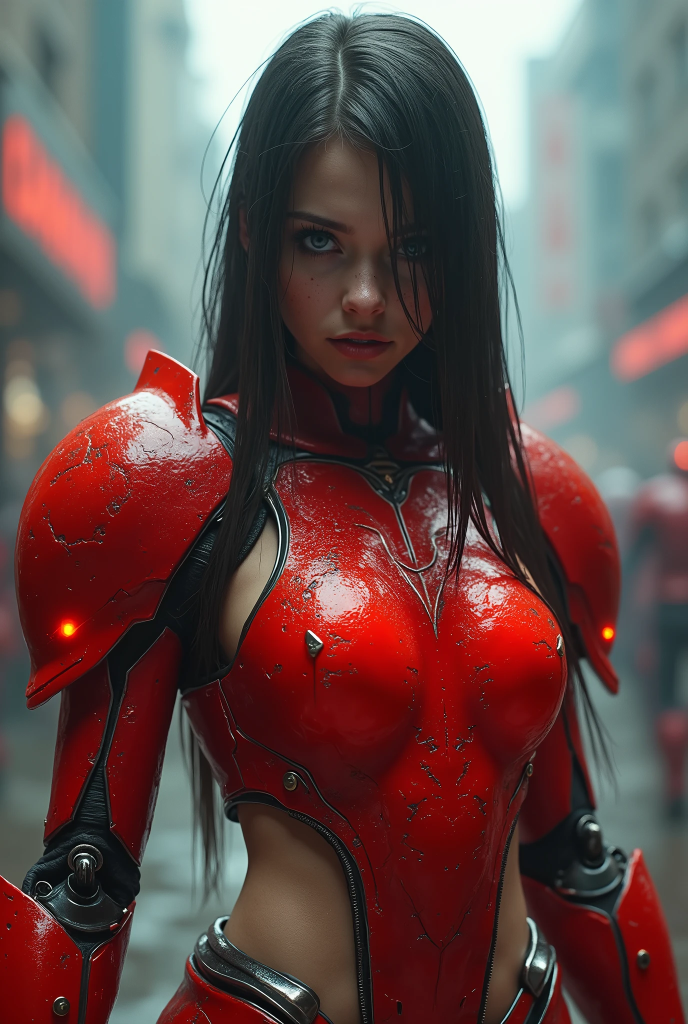 (masterpiece, photorealistic:1.4, extremely intricate:1.3), (photon mapping, radiosity, physically based rendering, ultra resolution, hyper-realistic, photorealistic:1.4, hyper-realistic, 8K), ((((humid teenage 20year, [bodybuilder:supermodel:0.8], (wide eyes, long lashes, battle-damaged translucent red breastplate armor:0.8, etched, engraving)), [makeup:freckles:0.7])), blue eyes), angry, arrogant, BREAK, ((((background is a futuristic battlefield, she is a juggernaut, muscular, dynamic pose), mechanical arms, mechanical torso, wires, wiring, (((glowing cybernetic chrome crystal reflections))), long straight hairband ([dark hair:bright red hair:0.2], volumetric, shadows)))
